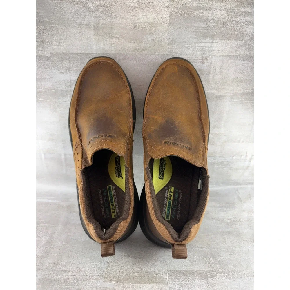 Skechers Relaxed Fit 66146 Brown Leather Slip On Loafers Men Sz 9.5 Goga Mat